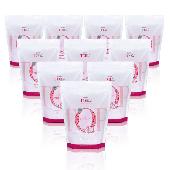 W318 Italwax 10 x 1kg Top Line Synthetic Pink Pearl Film Wax | A collection of pink pearl Italwax Emerald film wax, for professional hair removal, in a white and pink branded Italwax plastic bag with bright pink wax beads showing