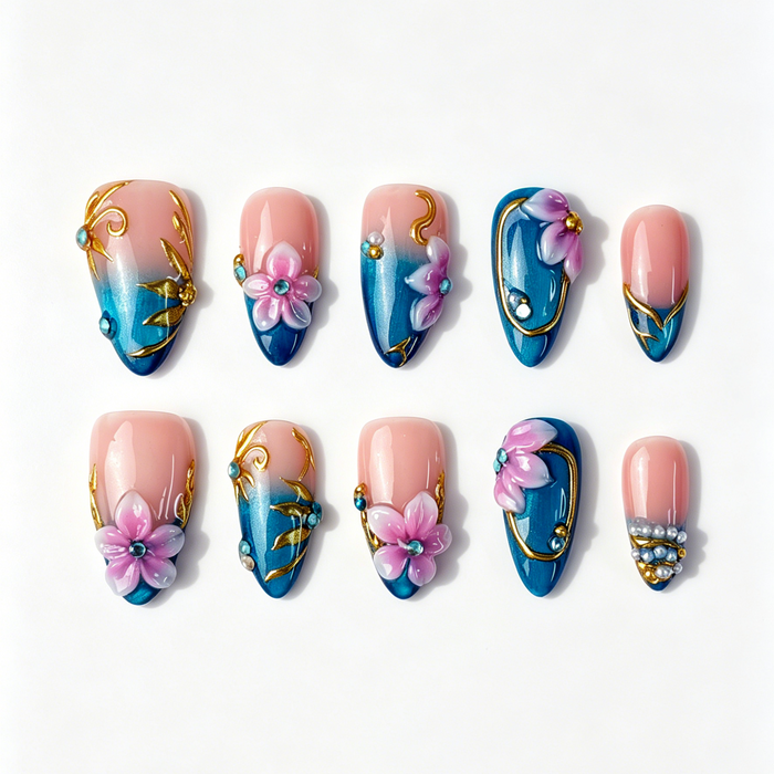 Mermaid Bay Teal Cat Eye Almond Press On Nails Ocean Mermaid Style
