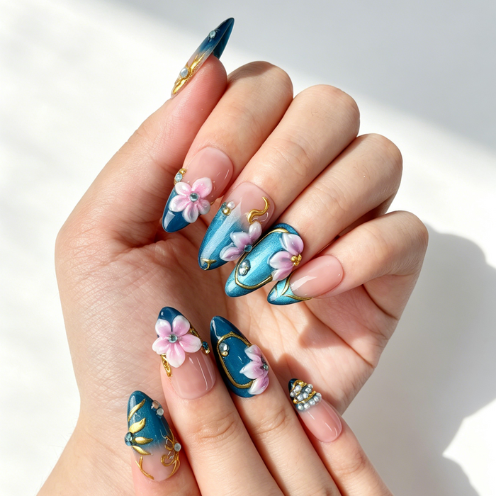 3D Pearl Butterfly Ocean False Nails Aesthetic Hand Shot