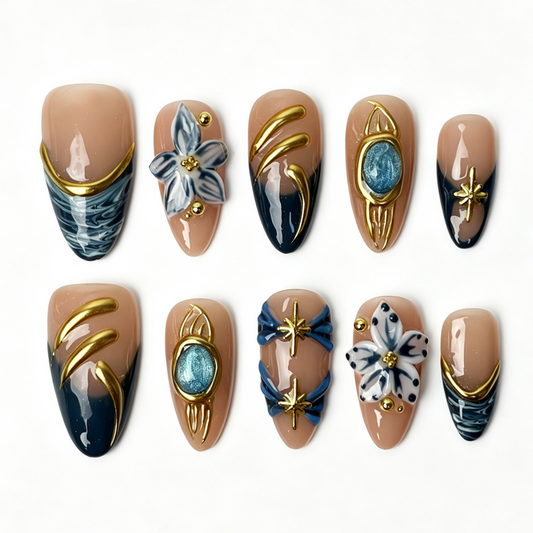 Medium almond press‑on nails, aqua cat‑eye gold filigree blue flower rhinestone luxury fake nails