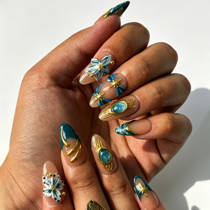 Jade Filigree aqua cat‑eye press‑on nails on‑hand show, elegant office manicure