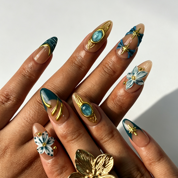 Luxury gold filigree medium almond reusable false nails formal wedding manicure