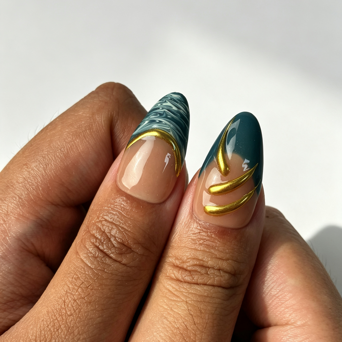 Glossy aqua cat‑eye press‑on nails, jade filigree wear effect
