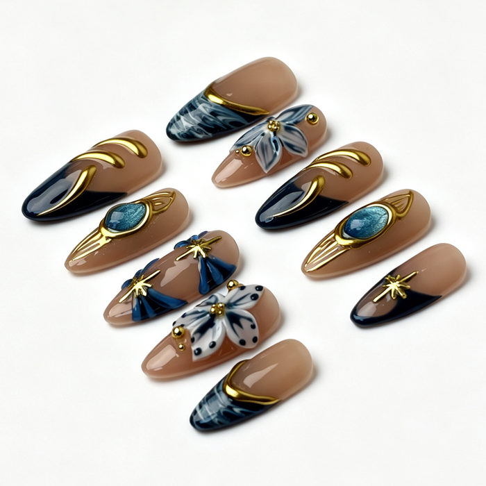 Full set Jade Filigree medium almond press‑on nails display