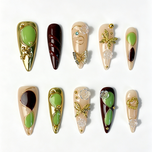 Vintage green brown gold 3D charm press on nails long stiletto shape with rose butterfly decor for women