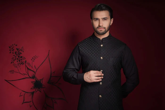 Jet Black diamond textured embroidered waistcoat set.