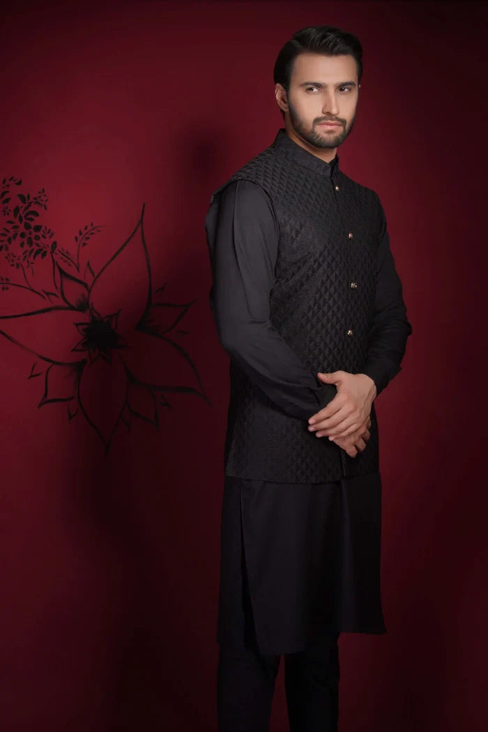 Jet Black diamond textured embroidered waistcoat set.