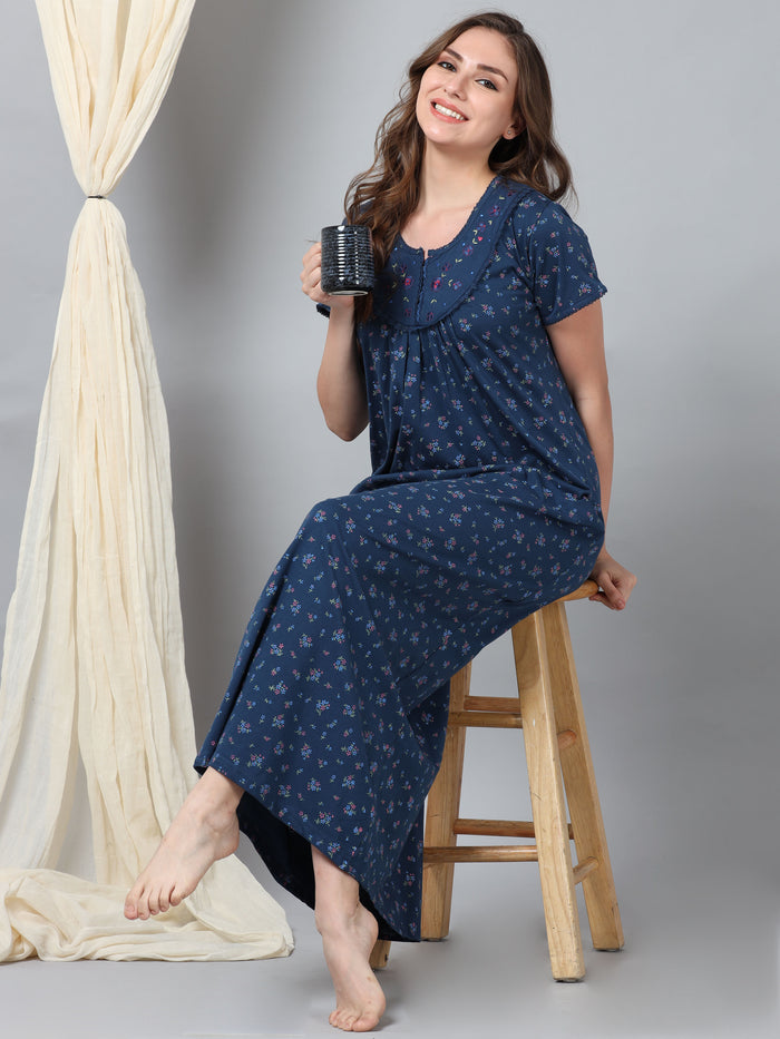 Jet Blue Embroidered Cozy Front Open Nighty for Feeding