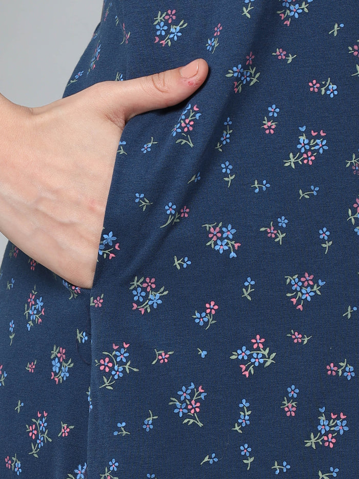 Jet Blue Embroidered Cozy Front Open Nighty for Feeding