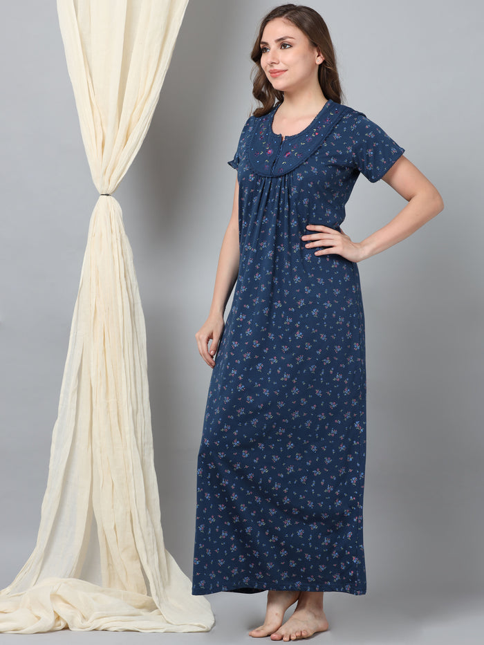 Jet Blue Embroidered Cozy Front Open Nighty for Feeding