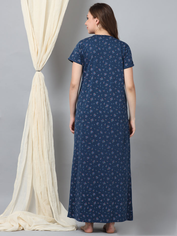 Jet Blue Embroidered Cozy Front Open Nighty for Feeding