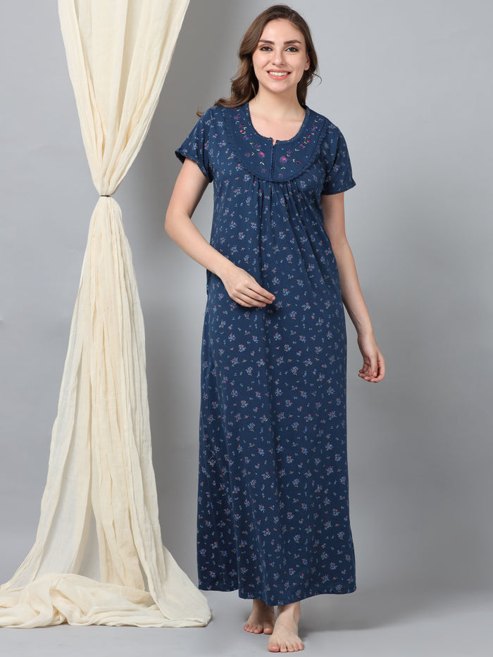 Jet Blue Embroidered Cozy Front Open Nighty for Feeding