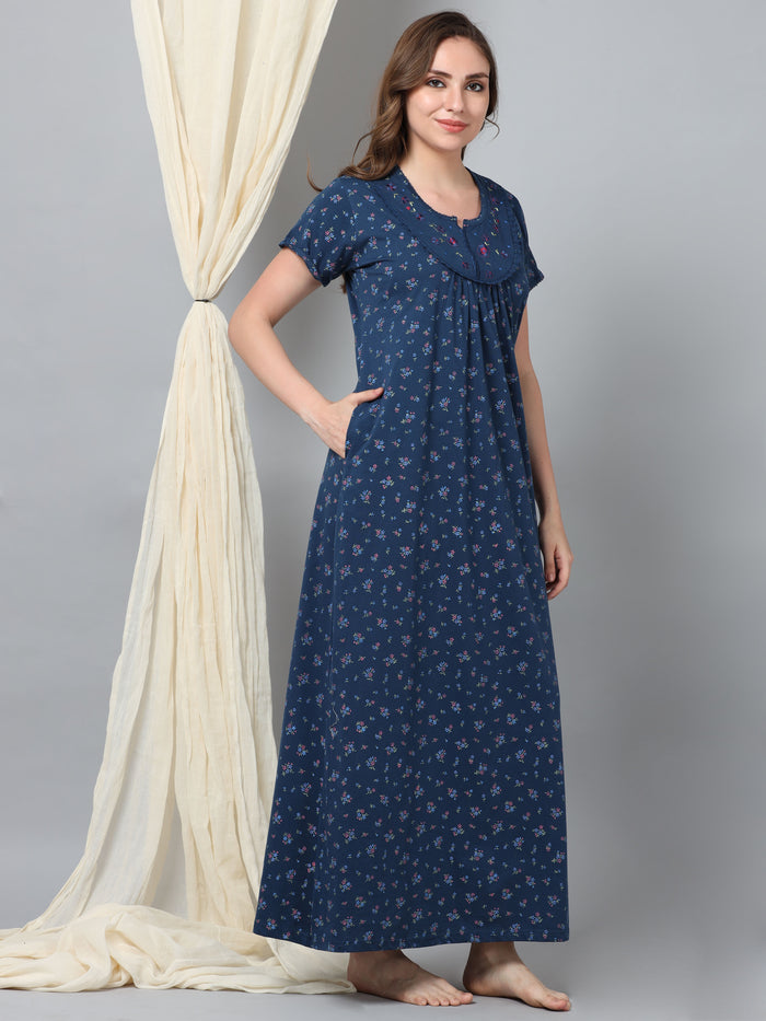 Jet Blue Embroidered Cozy Front Open Nighty for Feeding