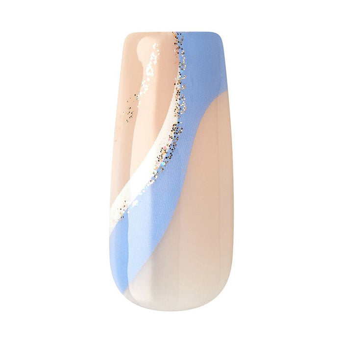 IVY BEAUTY by KISS nude and pastel blue nail with white swirl and glitter accent trendy press on nails