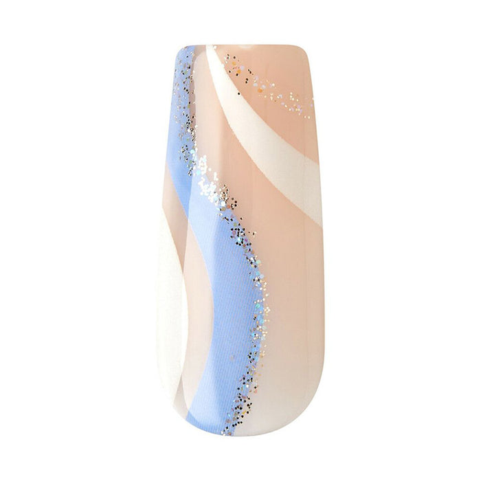 IVY BEAUTY by KISS trendy press on nails beige nude with white and blue swirls and silver glitter accents