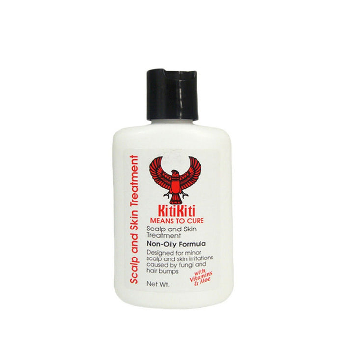 White bottle of kitikiti scalp and skin treatment by KITIKITI for soothing scalp and minor skin irritations