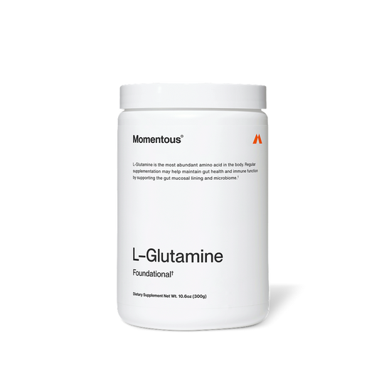 White Momentous supplement container on a clean background labeled L-Glutamine. Overlaid text reads: “Momentous” “L-Glutamine is the most abundant amino acid in the body. Regular supplementation may help maintain gut health and immune function by supporting the gut mucosal lining and microbiome.” “L-Glutamine” “Foundational†” “Dietary Supplement Net Wt. 10.6oz (300g)”