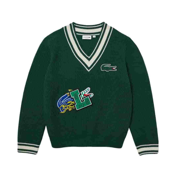 Lacoste Men's Comic Badge Striped V-Neck Sweater
