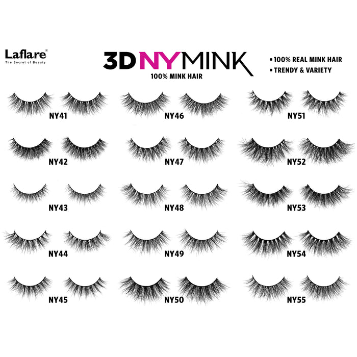 LAFLARE 3D mink lashes NY43 display sheet showing multiple styles of 3D mink eyelashes with labeled numbers