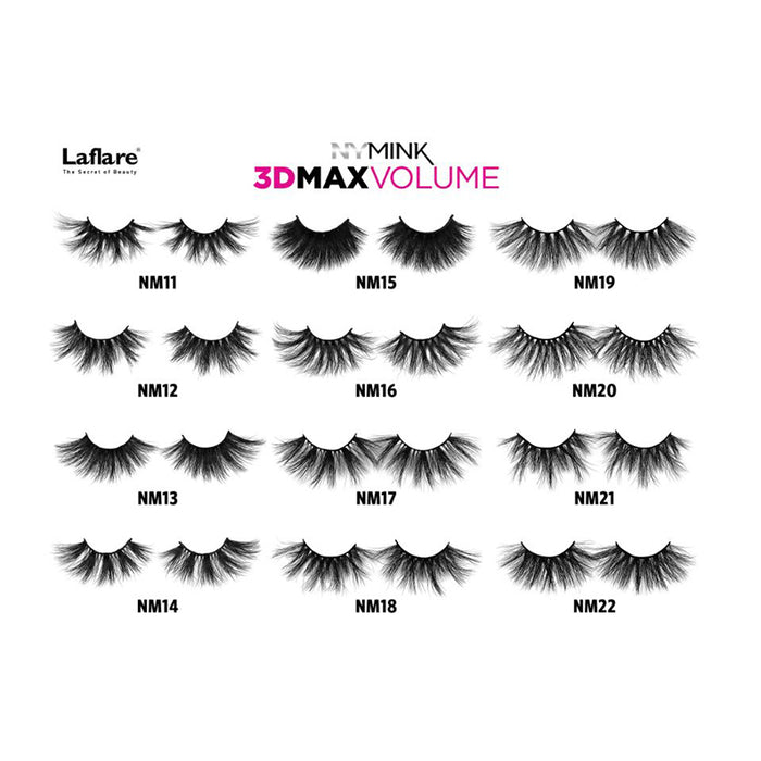 LAFLARE assortment of 3D volume false eyelashes show 12 mink styles labeled NM11 to NM22 for dramatic looks