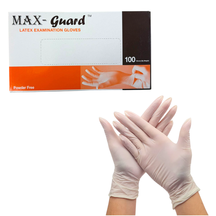 I005G Small Powder-free Latex Gloves 50 Pairs | Max-Guard latex examination gloves packaging with a pair of gloves on a white background