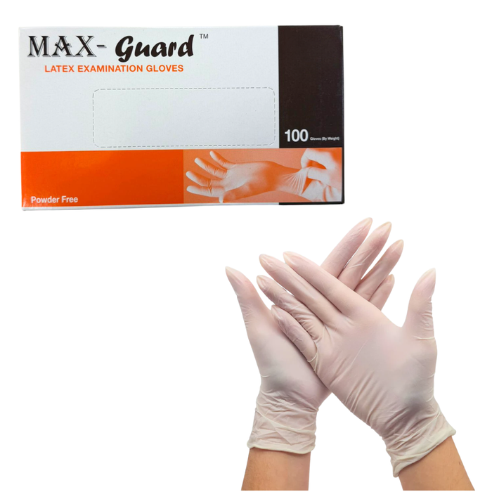 I005M Medium Powder-free Latex Gloves 50 Pairs | Max-Guard latex examination gloves packaging with a pair of gloves on a white background