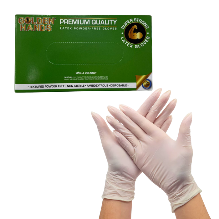 I005N Large Powder-free Latex Gloves 50 Pairs | White gloves with 'Golden Hands' packaging on a white background