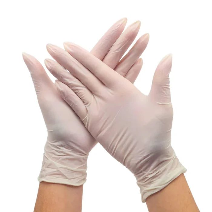 I005 Latex Powdered Gloves 50 pairs | Pair of white gloves hands on a white background