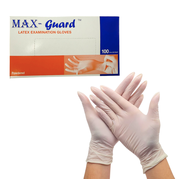 I005H Large Powdered Latex Gloves 50 Pairs | MAX-Guard latex examination gloves with packaging on a white background
