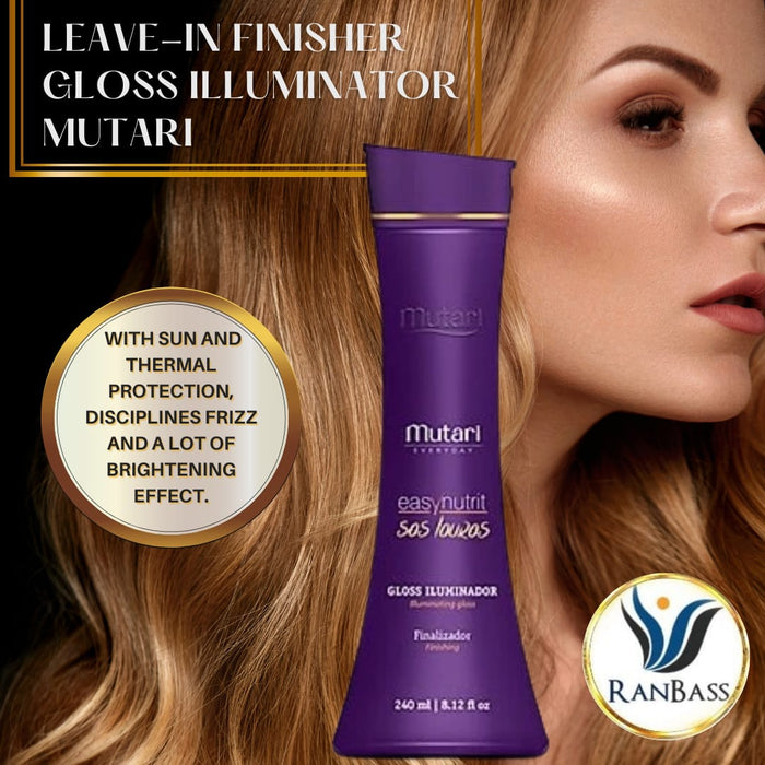 Leave-in Finisher Gloss Illuminator Mutari with SUNBLOCK  - 240ml / 8.12fl oz - With sun and thermal protection, disciplines frizz and a lot of brightening effect.