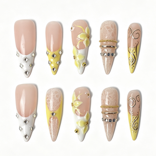Lemon‑Lace stiletto press‑on nails, pale yellow 3D flower, lace texture, silver rhinestones & metal chain decor fake nails