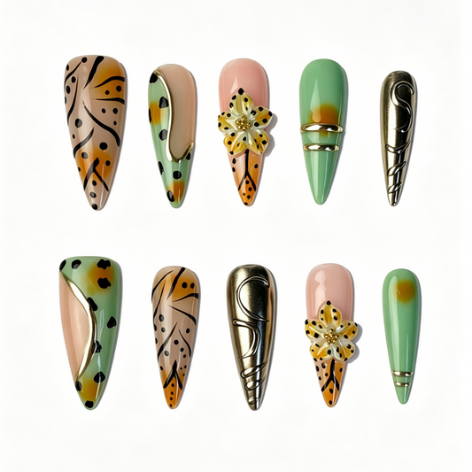 Retro leopard print 3D flower press on nails long stiletto shape with metallic gold accent for women