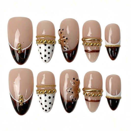 Coffee Leopard Ribbon Almond Press On Nails Polka Dot Golden Chain 3D Butterfly Handmade Retro Nails