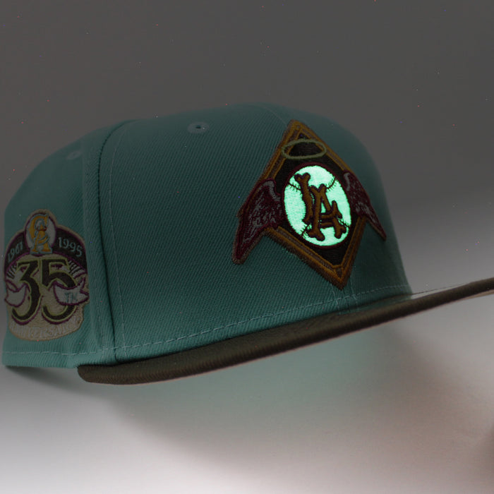 LOS ANGELES Angels 35TH ANNIVERSARY New Era 59Fifty Fitted Hat (GITD CLEAR MINT WALNUT BLUSH SKY  Under Brim)