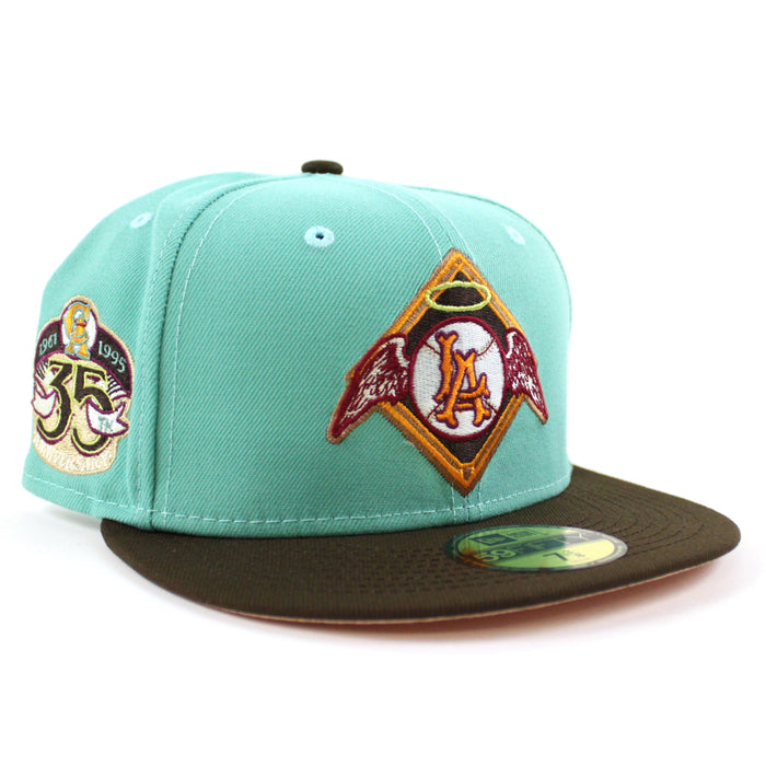 LOS ANGELES Angels 35TH ANNIVERSARY New Era 59Fifty Fitted Hat (GITD CLEAR MINT WALNUT BLUSH SKY  Under Brim)