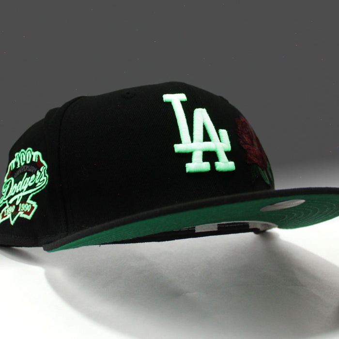 Los Angeles Dodgers 100 Anniversary New Era 59Fifty Fitted Hat (Glow in the Dark Rose Black Green Under Brim)