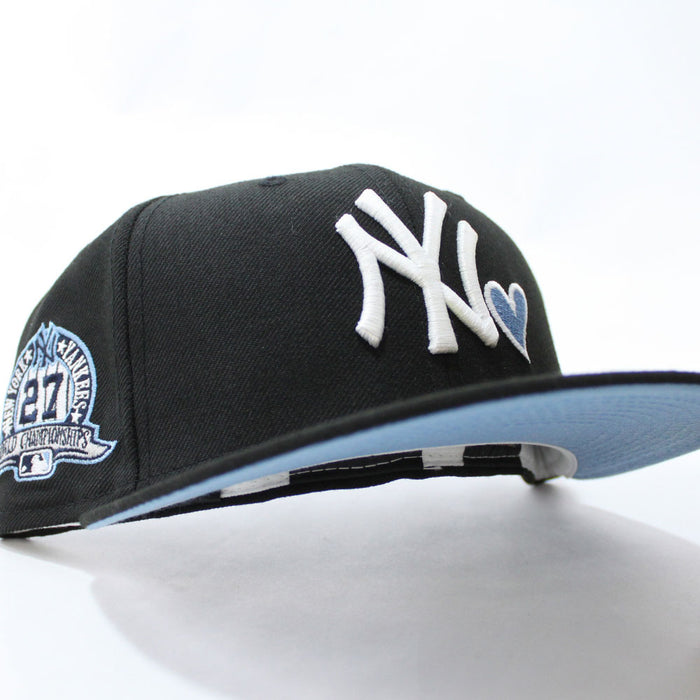 Love New York Yankees 27 World Championships New Era 59Fifty Fitted Hat (Black Sky Blue Under Brim)