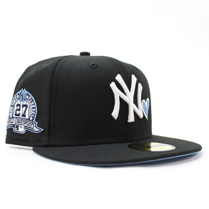 Love New York Yankees 27 World Championships New Era 59Fifty Fitted Hat (Black Sky Blue Under Brim)