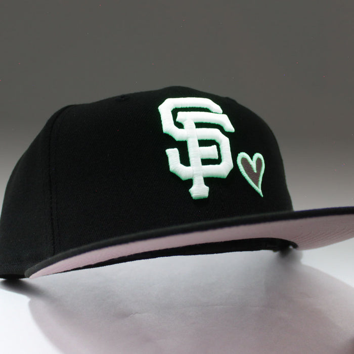 Love San Francisco Giants New Era 59Fifty Fitted Hat (Glow in the Dark Black Pink Under Brim)