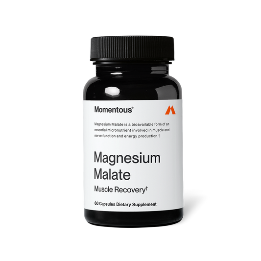 Momentous Magnesium Malate bottle. Label reads: Magnesium Malate. Muscle Recovery. Magnesium Malate is a bioavailable form of an essential micronutrient involved in muscle and nerve function and energy production. 60 Capsules Dietary Supplement.