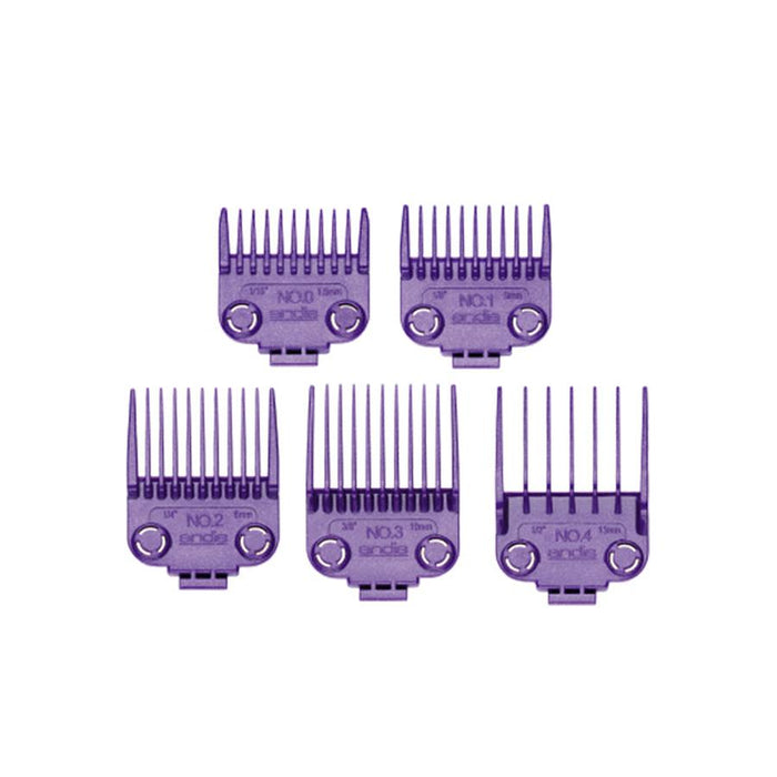 Set of five purple Andis clipper guide combs for hair cutting and trimming