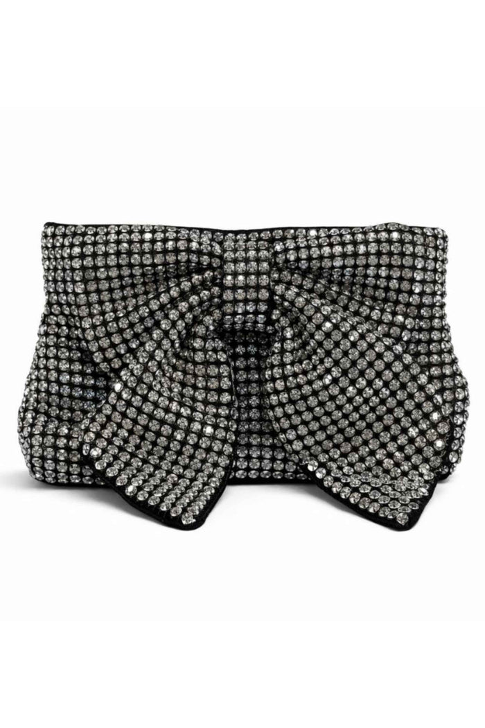 Black clutch bag covered in sparkling rhinestones with a large bow detail, structured shape, perfect for evening wear, SKU: CB61269