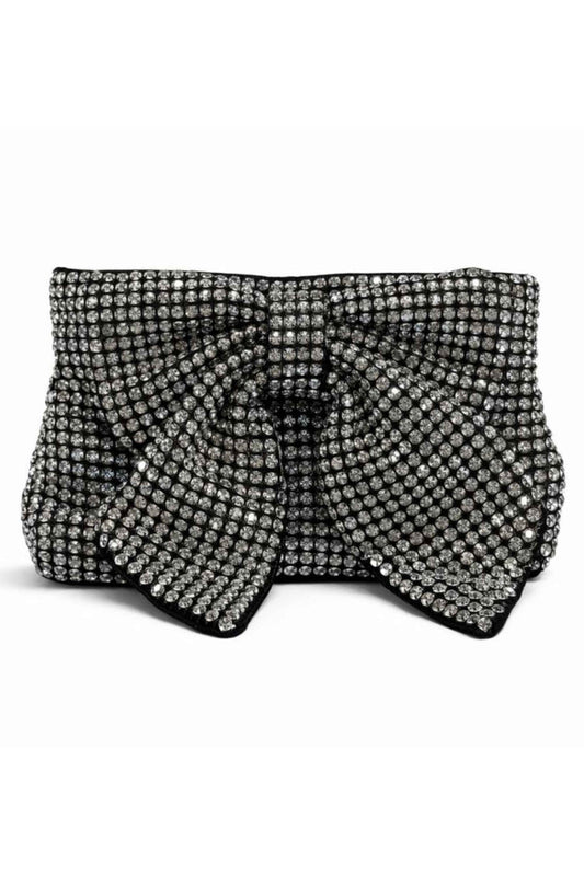 Black clutch bag covered in sparkling rhinestones with a large bow detail, structured shape, perfect for evening wear, SKU: CB61269
