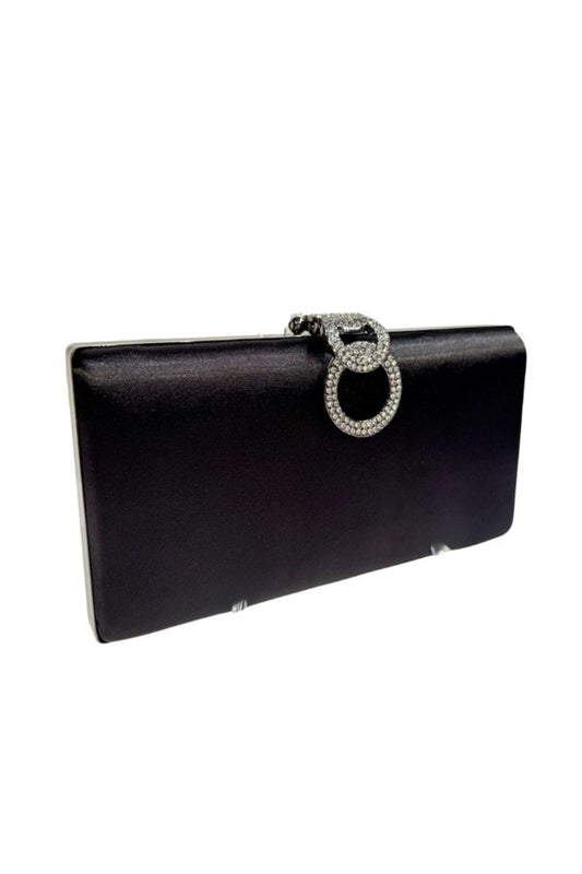 Elegant black clutch bag with a sparkling diamante buckle clasp, structured shape, perfect for evening occasions, made of smooth material.