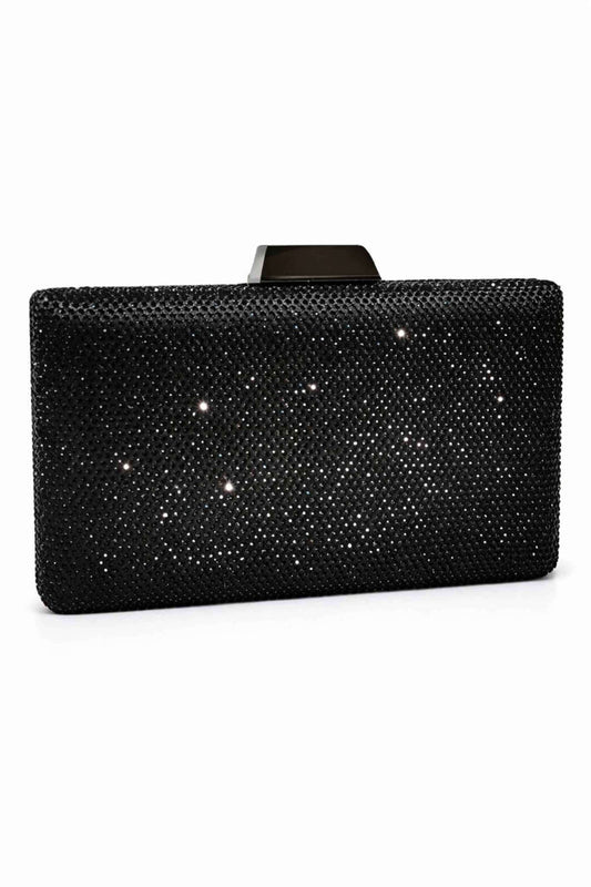 Black glittering clutch bag with a rectangular shape, adorned with sparkling rhinestones, featuring a sleek metallic clasp, perfect for evening events.