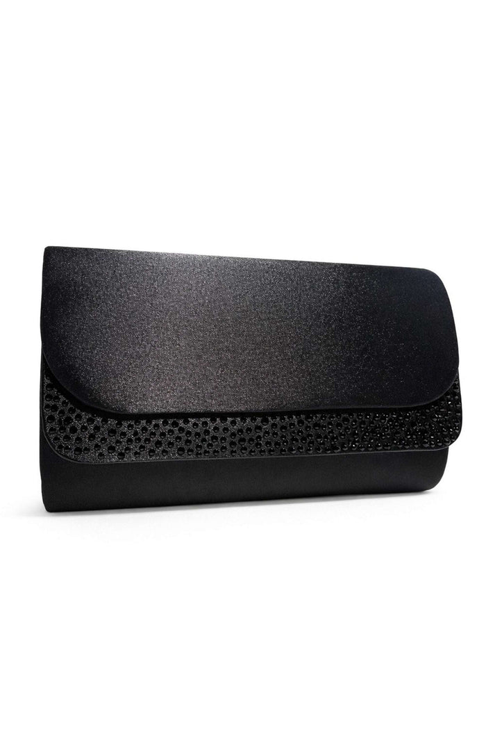 Black clutch bag with a glittery fold-over flap and perforated textured base, sleek evening accessory for formal occasions