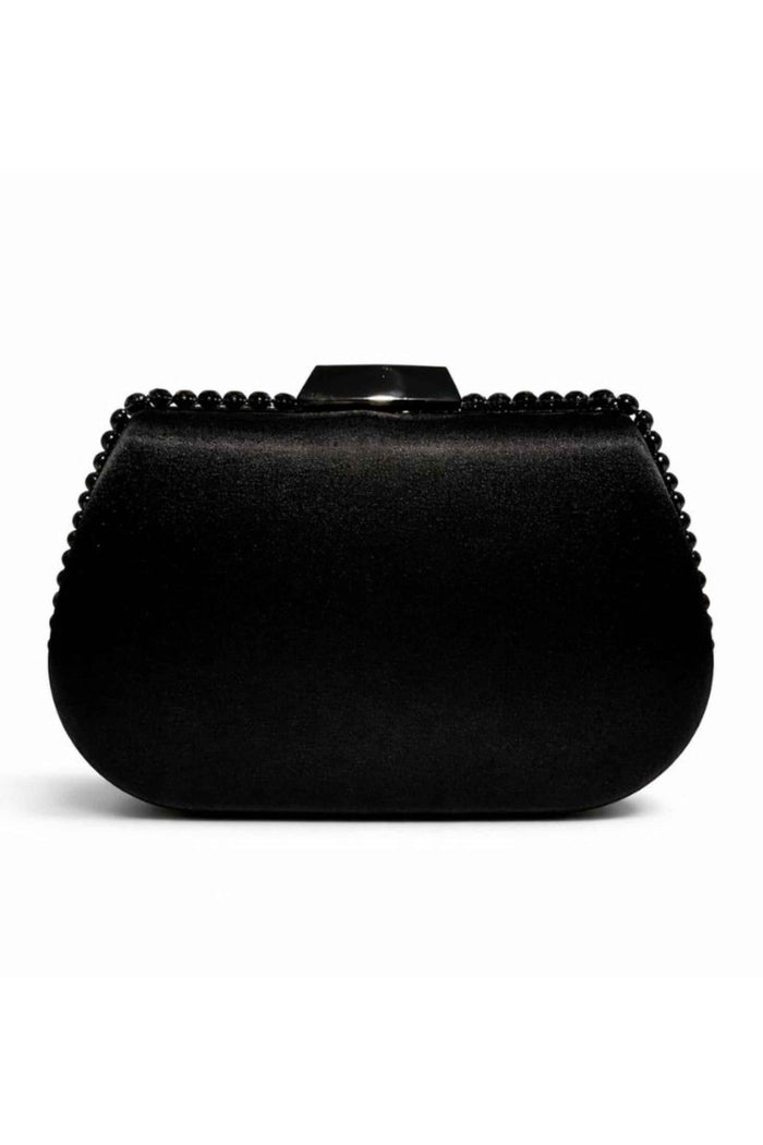 Black satin clutch with a smooth, shiny surface, adorned with a beaded trim around the edges, featuring a geometric clasp on top