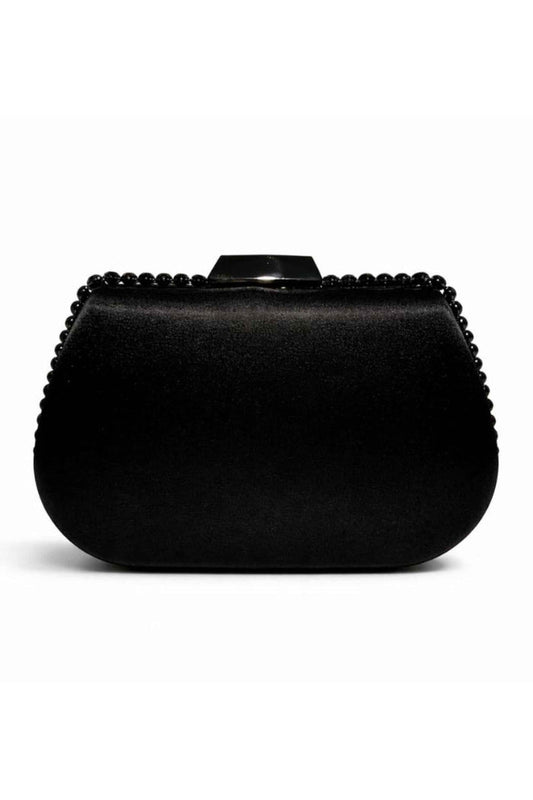 Black satin clutch with a smooth, shiny surface, adorned with a beaded trim around the edges, featuring a geometric clasp on top