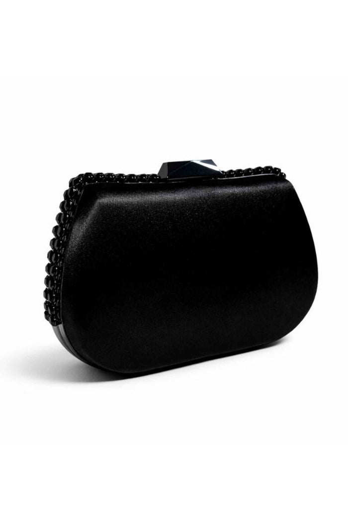 Close-up of the black beaded trim and textured surface of the satin clutch, highlighting its elegant design and sparkling details