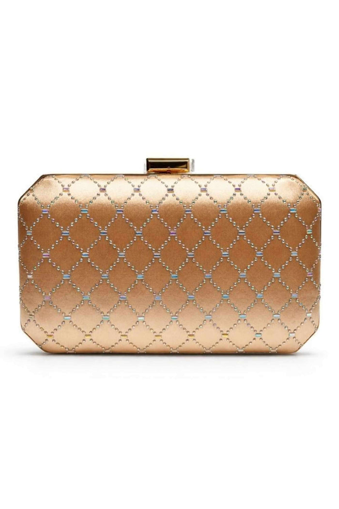 Luxurious gold clutch bag with a structured rectangular shape, embellished with tonal bead and stud diamond pattern for evening events.